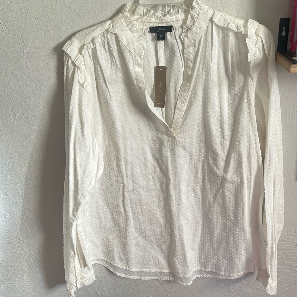 J. Crew Ruffle-trim V-neck Clip Dot Blouse NWT M White
NWT